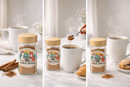 Three-panel collage showing a glass jar of Fika Spice with a bamboo lid and colorful cartoon label, styled with white mugs of coffee, cinnamon sticks, and pastries on a light surface.