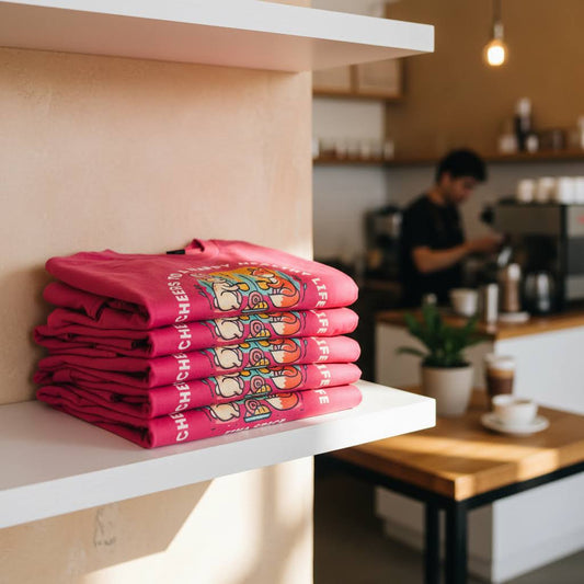 Stack of pink aprons with colorful designs on a shelf in a kitchen setting. Fika Spice Scandinavian coffee spice blend with cinnamon and cardamom crated with antioxidant-rich spices for a daily healthy treat.