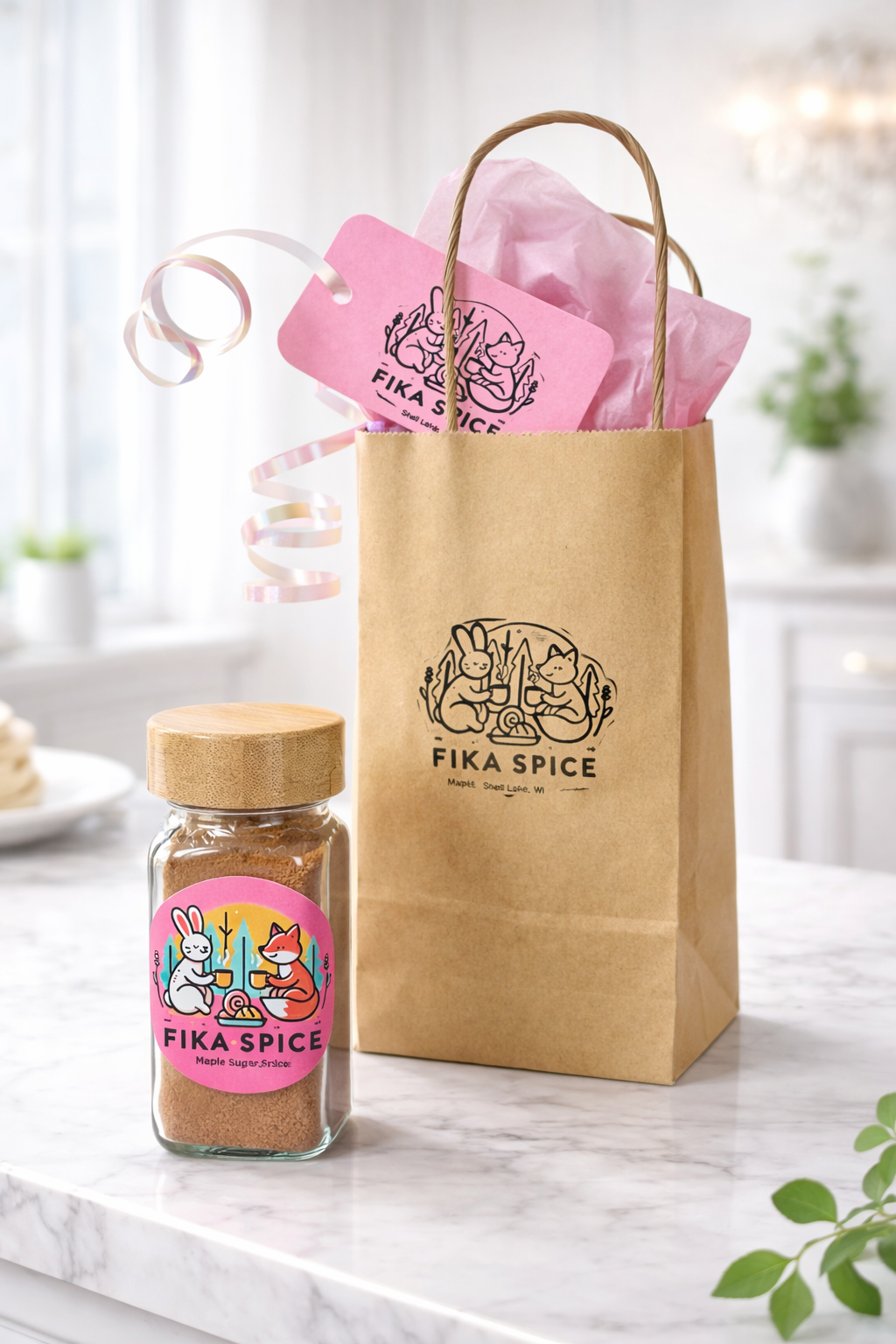 Maple Sugar Fika Spice next to a Pretty Bag Pink Gift Bag