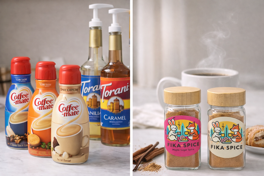 Side-by-side comparison of coffee creamers and syrups vs Fika Spice and Maple Sugar Fika Spice showing natural spice blend alternative to sugary coffee additives
