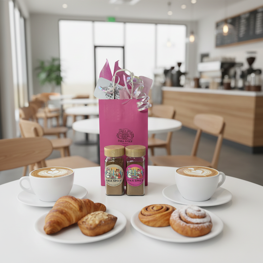 A gift package of Fika Spice in a coffee shop. Sun shining on the spice jars