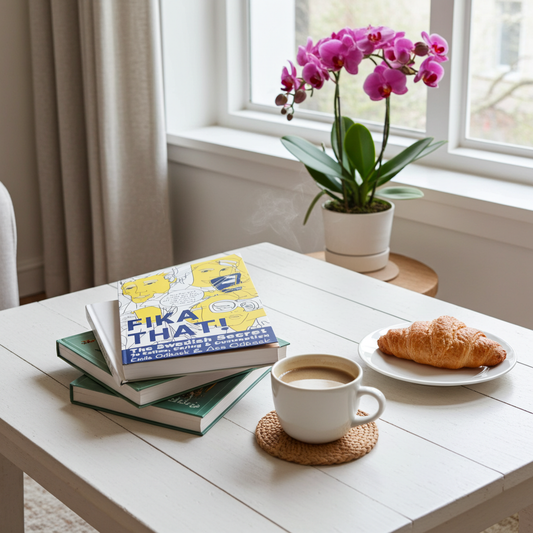A cozy fika scene with coffee, pastry, and Fika Spice™ on a table, capturing the warmth, pause, and connection behind the Swedish tradition of fika.