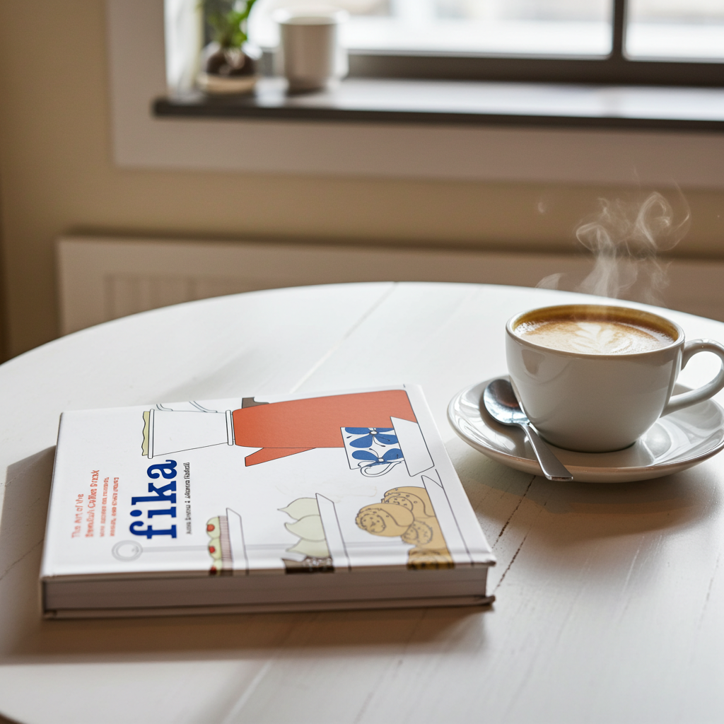 Coffee, pastry, and a book about fika creating a cozy at-home Swedish coffee tradition