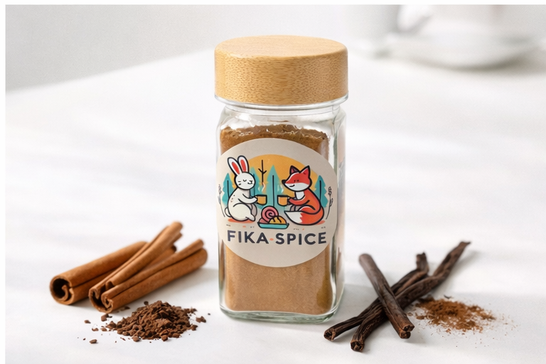 Bottle of Fika Spice with cinnamon sticks and other natural spices on a crisp linen white table