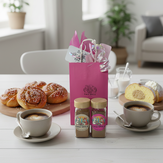 The spice bottles in front of a pink gift bag with white and pink wrapping and a tag