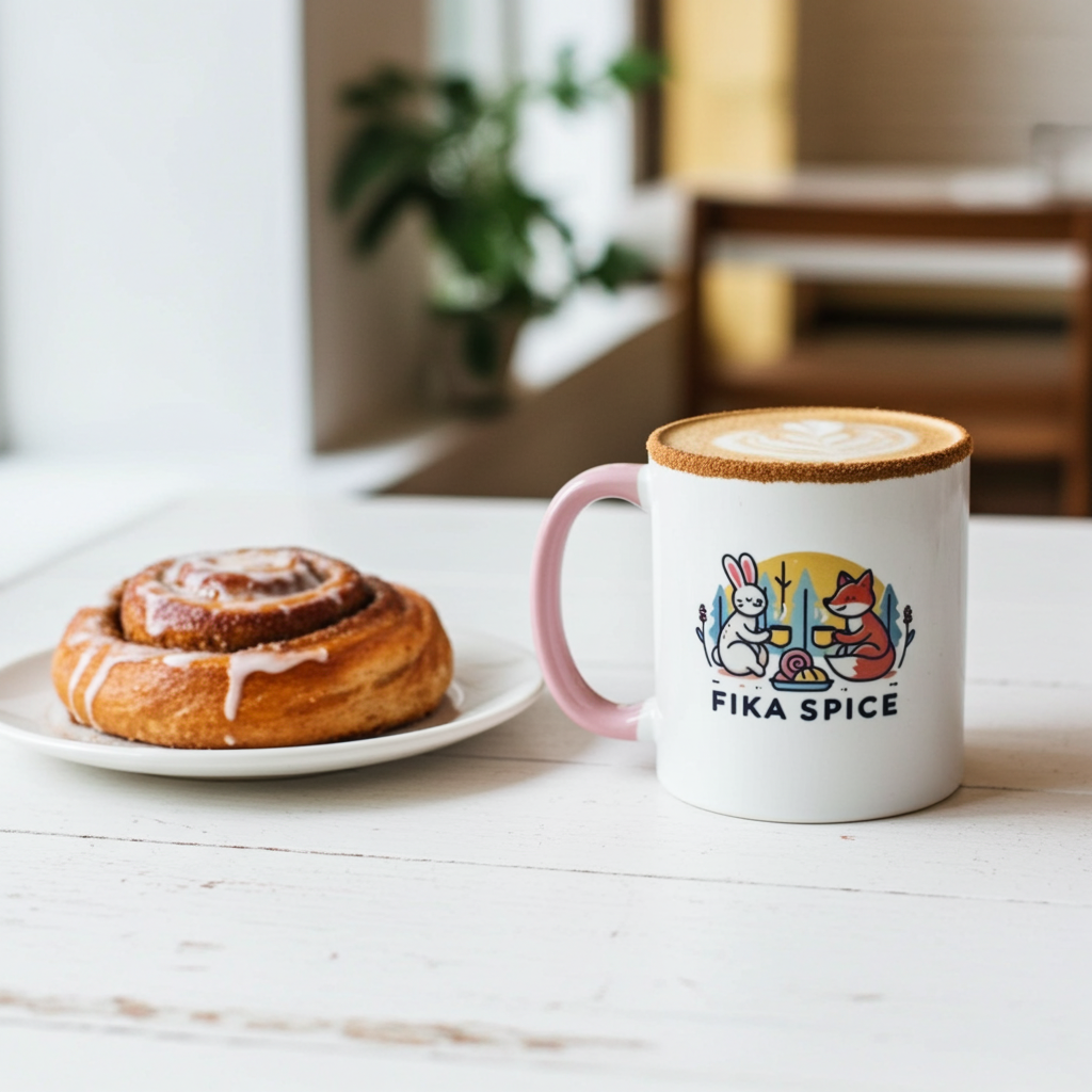 A coffee cup with a Fika Finish and a sweet pastry. 