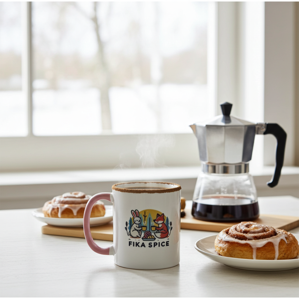 Fika finish on a coffee cup on a kitchen table 