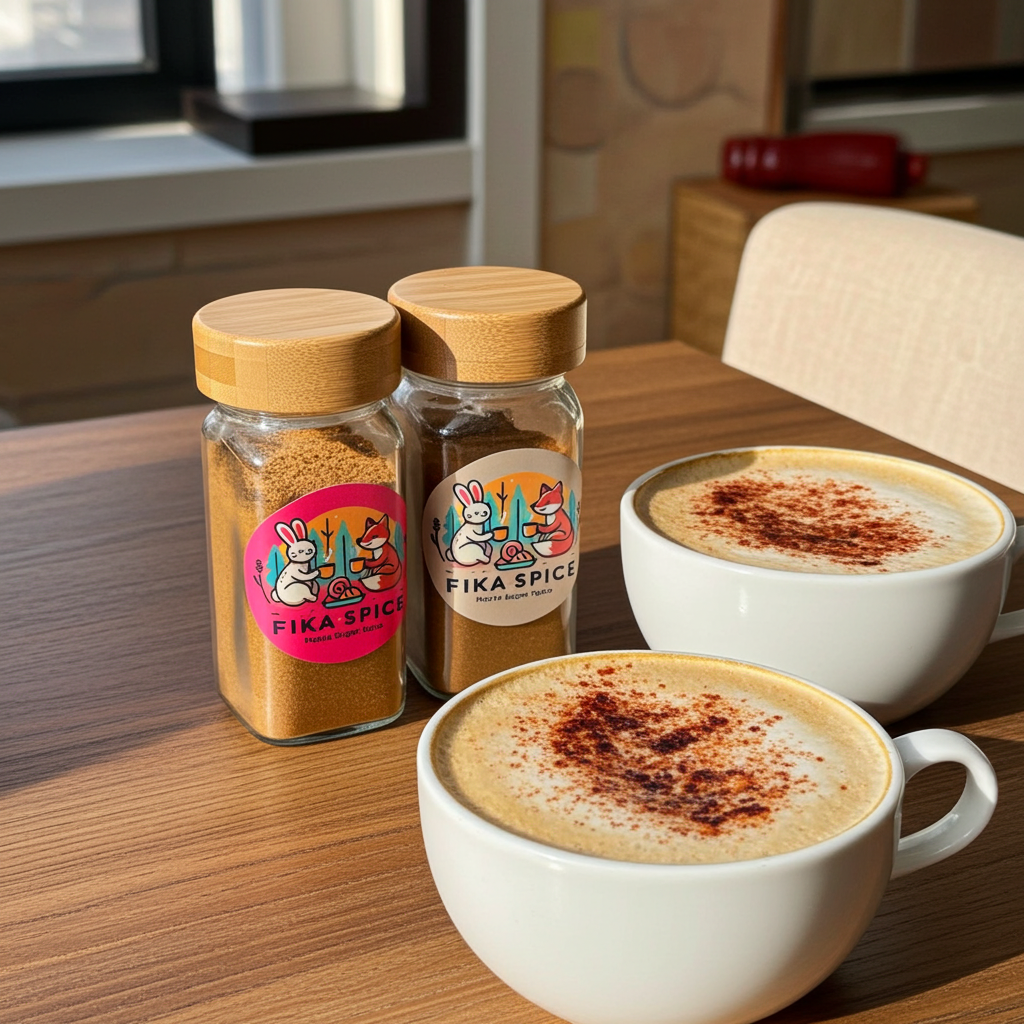 Two jars, one Maple Sugar Fika Spice one Fika Spice, two cups of coffee 