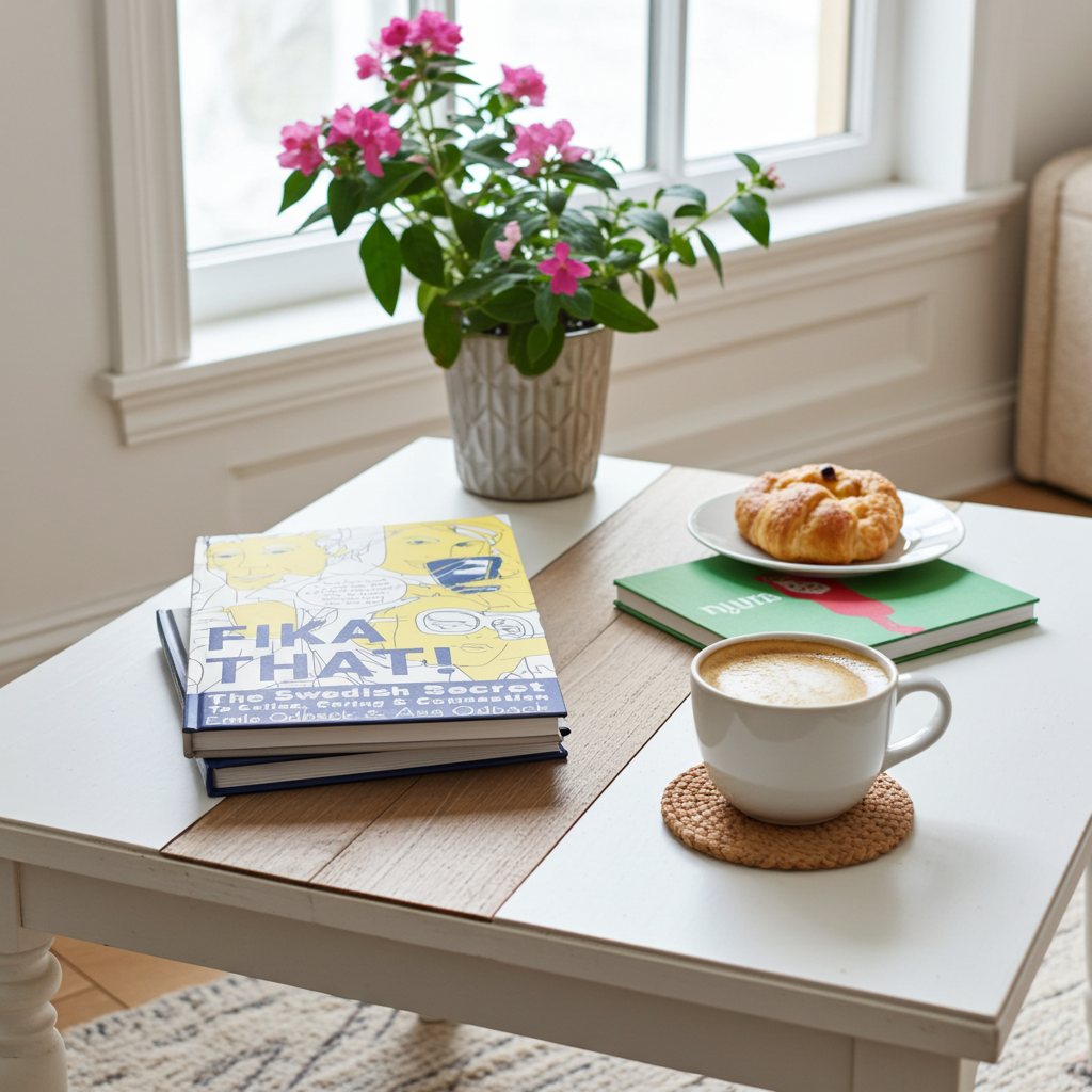 Who can fika, books stacked on a coffee table with a coffee topped with Fika Spice and a pastry with Maple Sugar Fika Spice in it