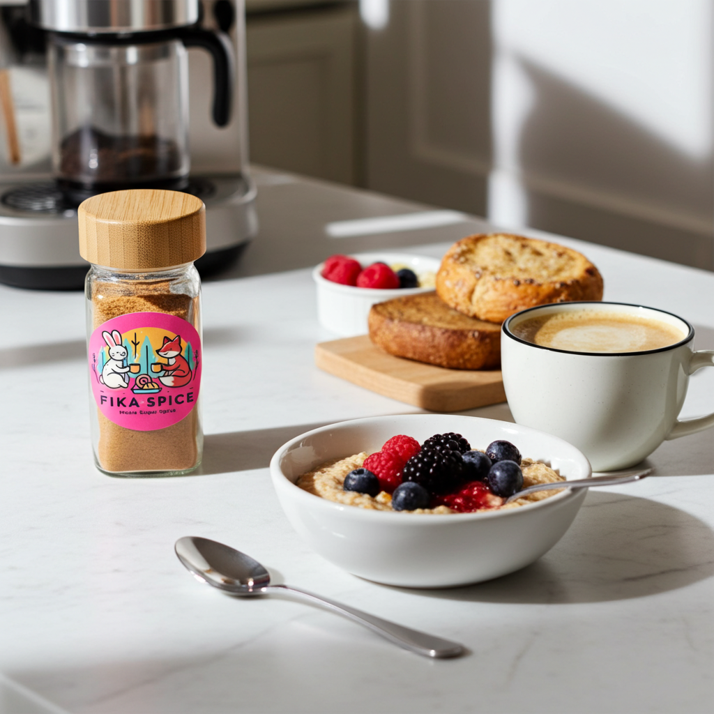 Breakfast scene with a bowl of cereal, berries, toast, and a cup of coffee on a kitchen counter. Fika Spice Scandinavian coffee spice blend with cinnamon and cardamom crated with antioxidant-rich spices for a daily healthy treat.