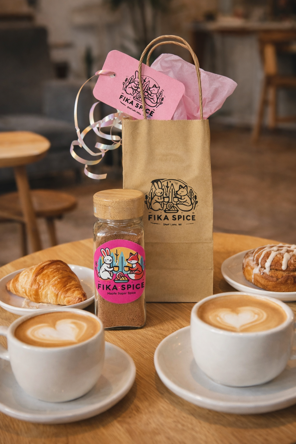 Fika Spice coffee and pastries on a wooden table with branded products.