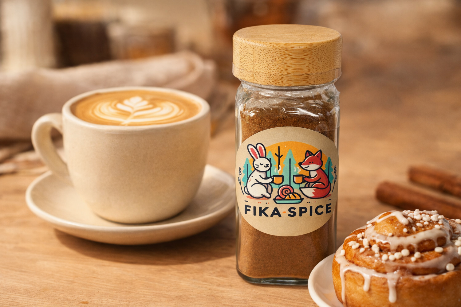 Fika Spice jar with a cup of coffee and pastries on a wooden table, it’s Fika time. 