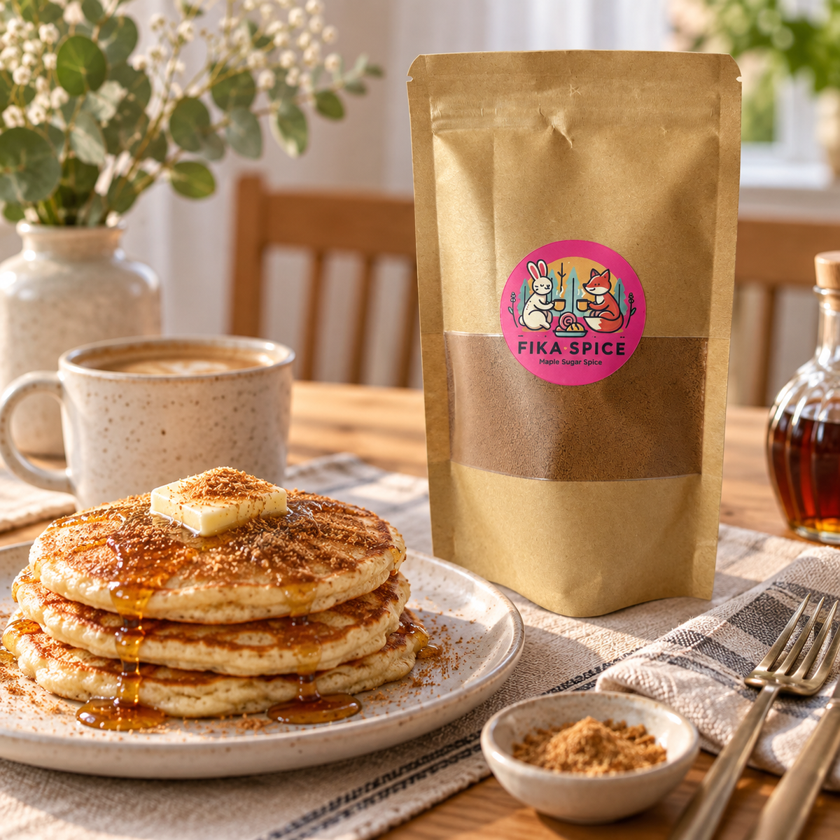A kraft paper pouch of Fika Spice sugar free syrup stands on a wooden table beside a plate of pancakes with syrup, butter, a mug, and a small dish of brown spice mix.