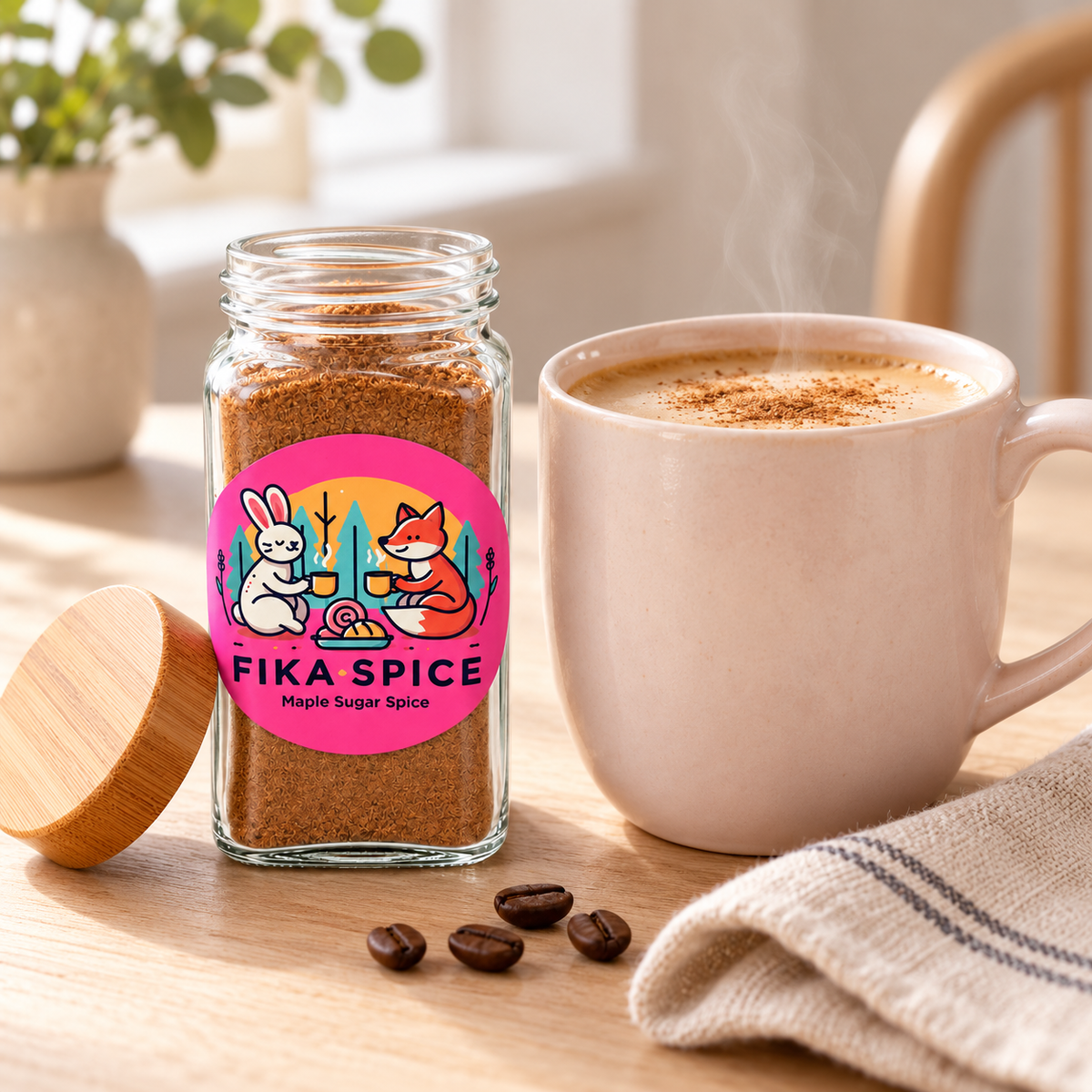 A glass jar of Fika Spice maple sugar spice mix with a colorful cartoon label and wooden lid, shown beside a steaming mug of coffee on a wooden table.