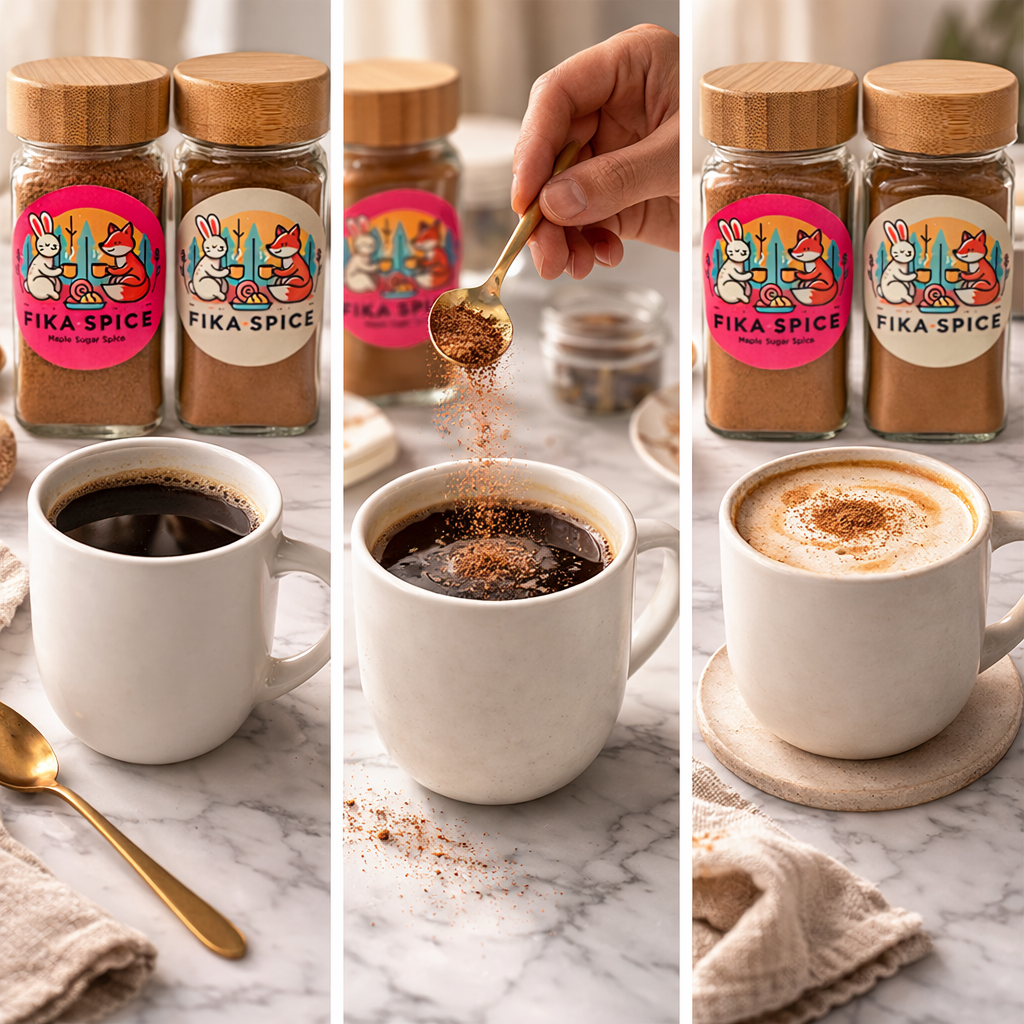 Fika Spice coffee spice being added to coffee cups on a marble surface. Simple, Relaxing, Healthy, Delicious 