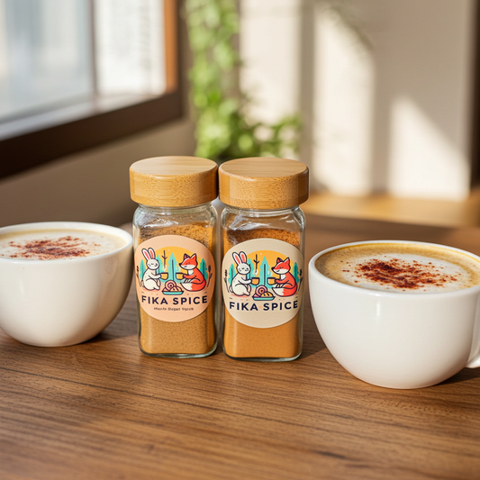 Two glass spice jars labeled FIKA SPICE with bamboo lids, standing on a wooden table between two white cups of coffee in a warm, softly lit indoor setting.