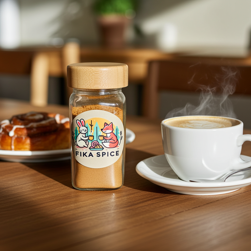 Fika Spice jar on a wooden table with a steaming cup of coffee and pastries ready for a comforting Fika. Fika Spice Scandinavian coffee spice blend with cinnamon and cardamom crated with antioxidant-rich spices for a daily healthy treat.