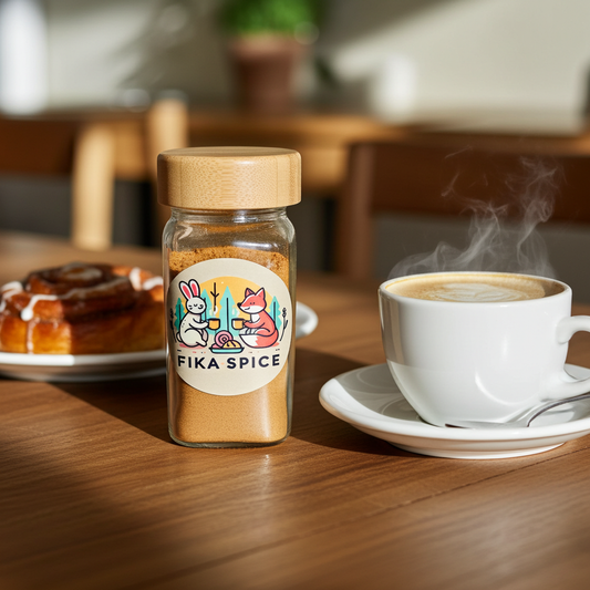 Fika Spice jar on a wooden table with a steaming cup of coffee and pastries ready for a comforting Fika. Fika Spice Scandinavian coffee spice blend with cinnamon and cardamom crated with antioxidant-rich spices for a daily healthy treat.