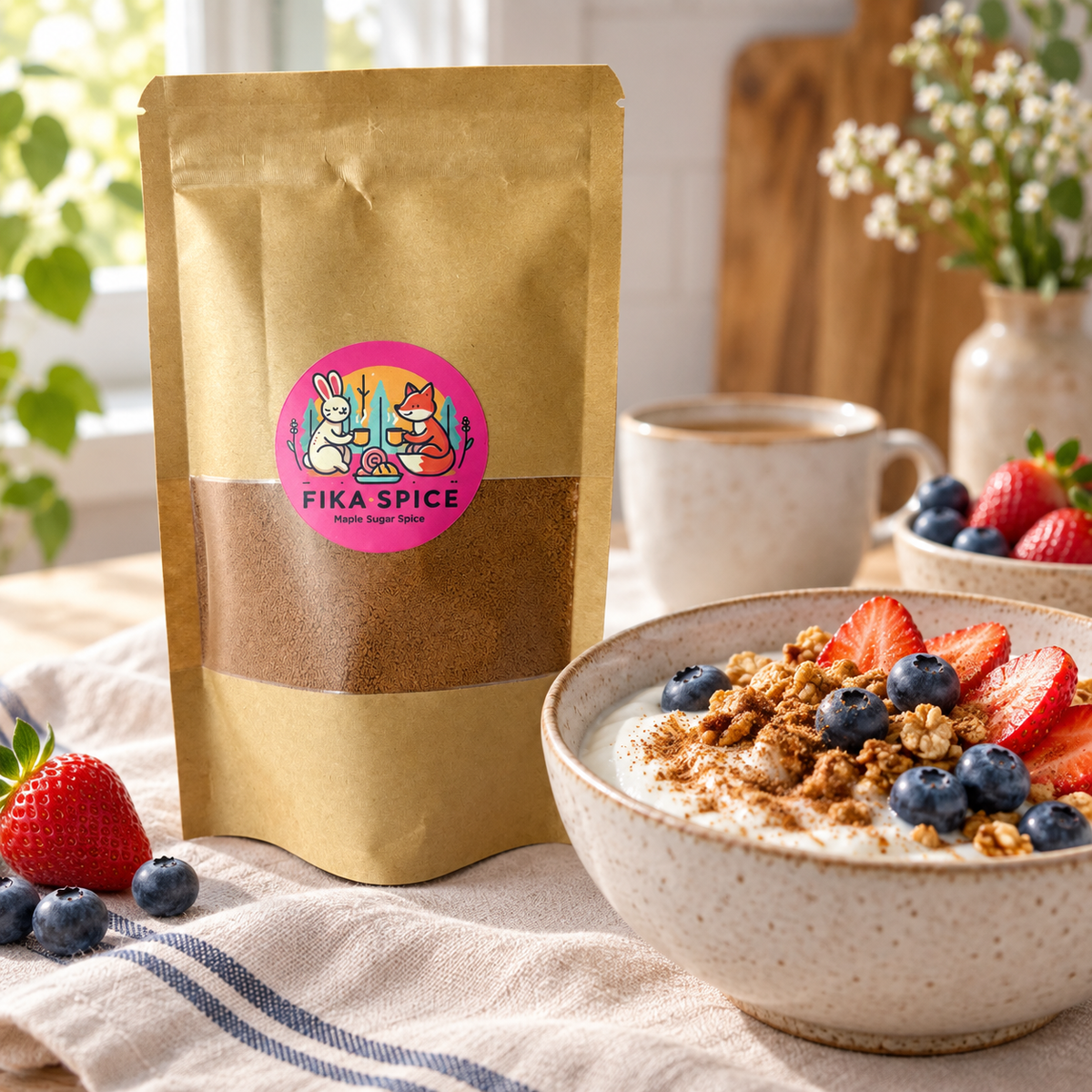 A stand-up pouch of Fika Spice flaky sugar topping stands on a table beside a bowl of yogurt topped with granola, strawberries, and blueberries. The pouch is gold with a pink circular Fika Spice label, and the scene is styled in a bright kitchen with strawberries, blueberries, a mug, and flowers in the background.