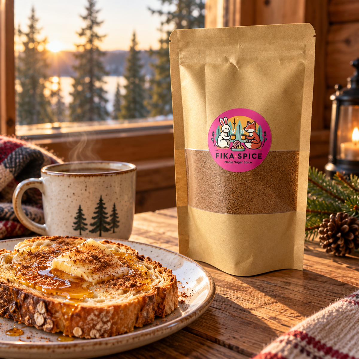 A kraft paper pouch of Fika Spice stands on a rustic wooden table beside a mug of hot coffee and a plate of buttered toast with syrup, with a forest lake sunset background.
