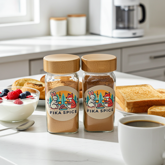 Two bottles of Fika Spice on a kitchen counter with coffee, toast, and berries. Fika Spice Scandinavian coffee spice blend with cinnamon and cardamom crated with antioxidant-rich spices for a daily healthy treat.