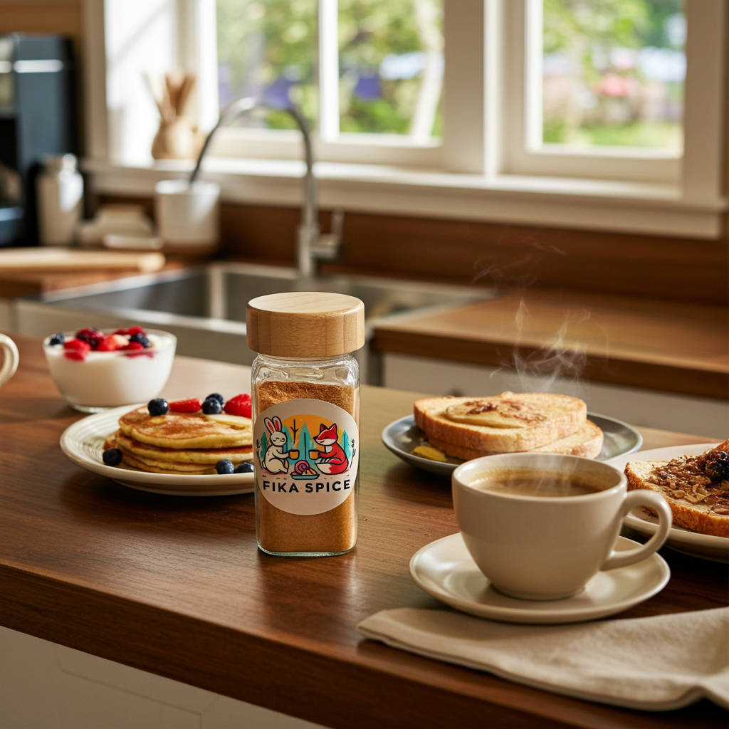 Fika Spice jar on a kitchen counter with coffee, pancakes, and toast ready to savor a quiet Fika. 