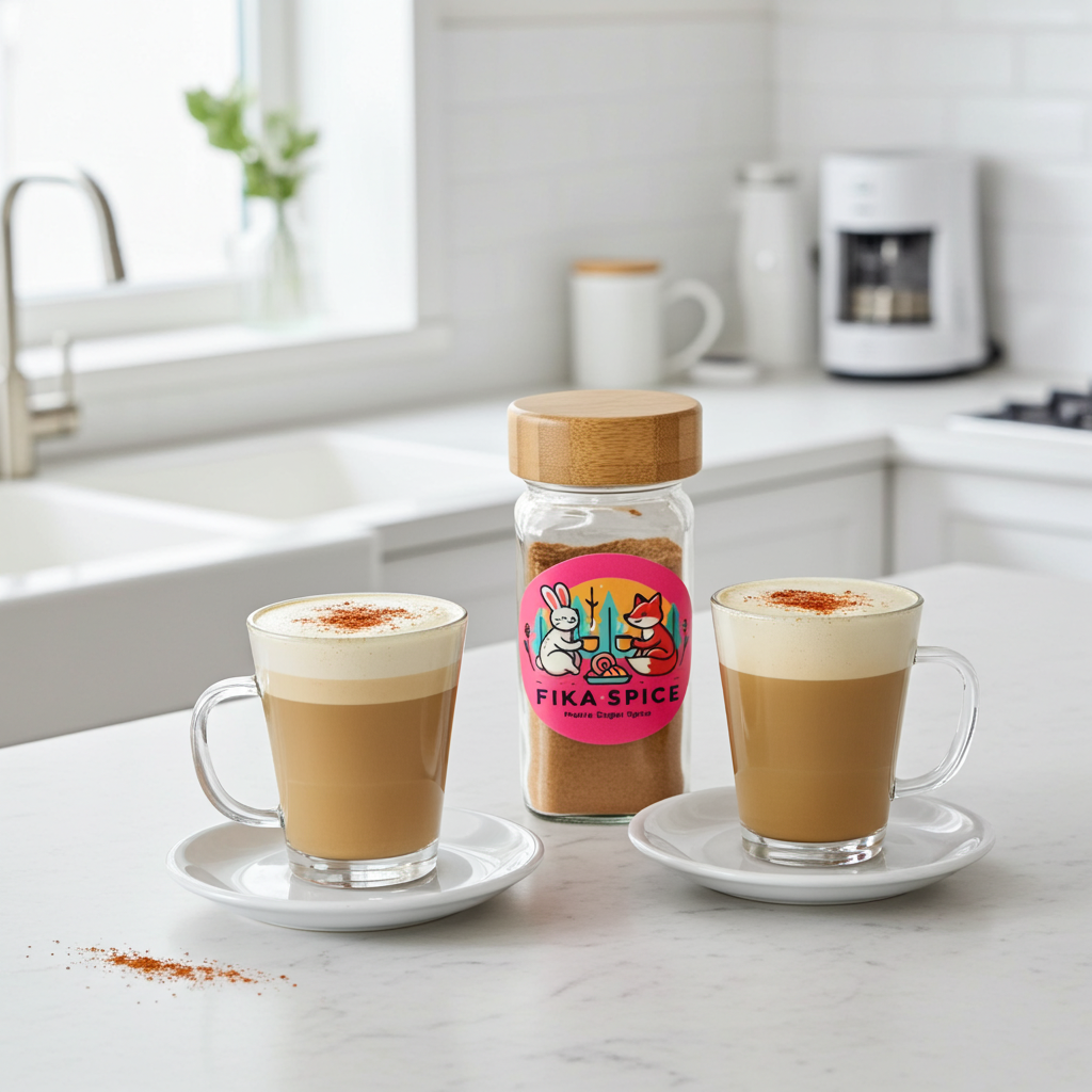 A clear glass spice jar labeled 'FIKA SPICE' with a bamboo lid stands on a white countertop between two frothy coffee drinks topped with a sprinkle of red spice powder in a bright kitchen setting.