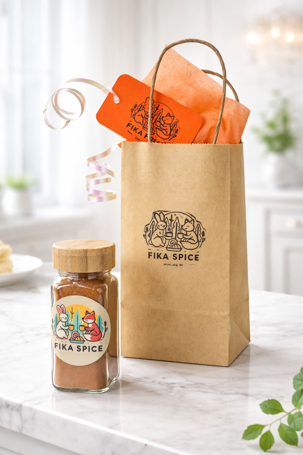 Fika Spice jar and paper bag on a marble surface with a blurred background
