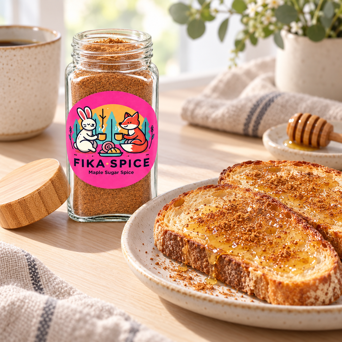 A glass jar of Fika Spice maple sugar spice mix sits on a wooden table next to a plate of toasted bread with honey, with a wooden lid resting beside the jar.