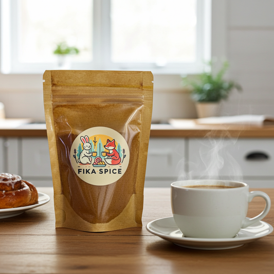 Fika Spice coffee package on a table with a steaming cup of coffee and a pastry. Fika Spice Scandinavian coffee spice blend with cinnamon and cardamom crated with antioxidant-rich spices for a daily healthy treat.