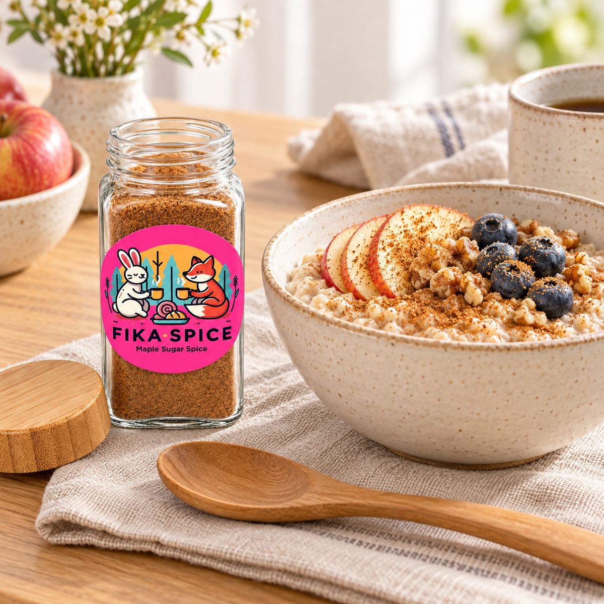A clear glass spice jar labeled 'FIKA SPICE' sits on a beige cloth beside a bowl of oatmeal topped with apple slices, blueberries, and cinnamon. A wooden spoon, apple, flowers, and a cup are visible in a softly lit kitchen setting.