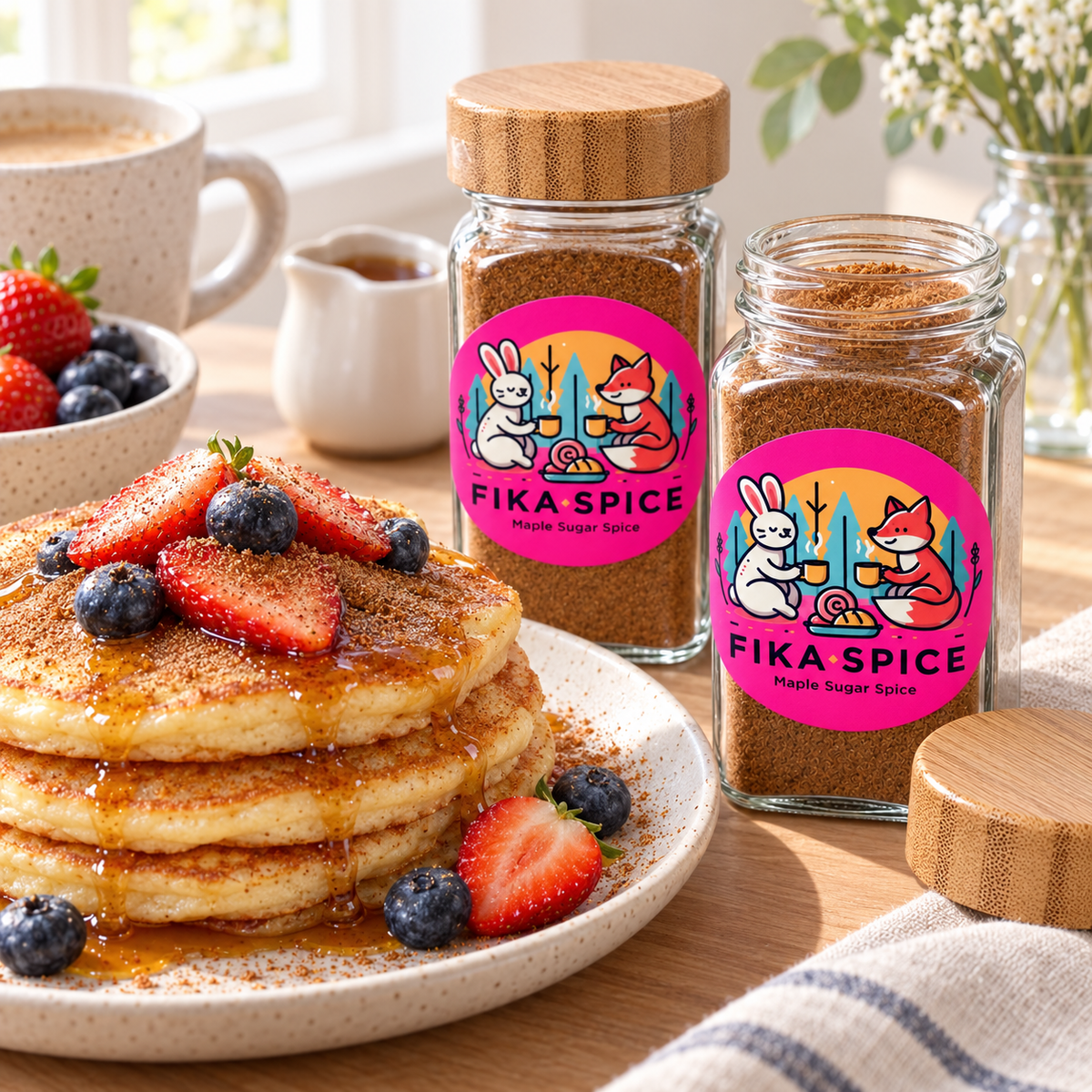 Two glass jars of Fika Spice maple sugar spice mix with wooden lids and bright pink labels, styled on a wooden table next to a plate of pancakes with strawberries and blueberries.