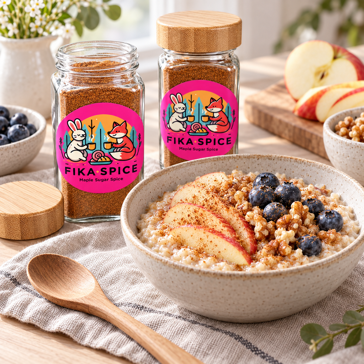 Two glass jars of Fika Spice whole seed spice mix with wooden lids and colorful labels, displayed next to a bowl of oatmeal topped with apple slices and blueberries on a wooden table.
