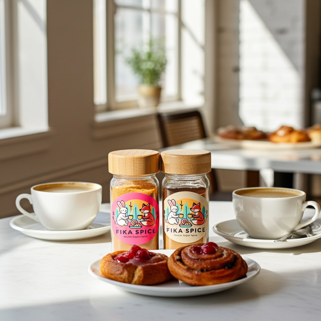 Two bottles of Fika Spice with pastries and coffee on a table in a bright room, just perfect for you and a friend to Fika. Fika Spice Scandinavian coffee spice blend with cinnamon and cardamom crated with antioxidant-rich spices for a daily healthy treat.