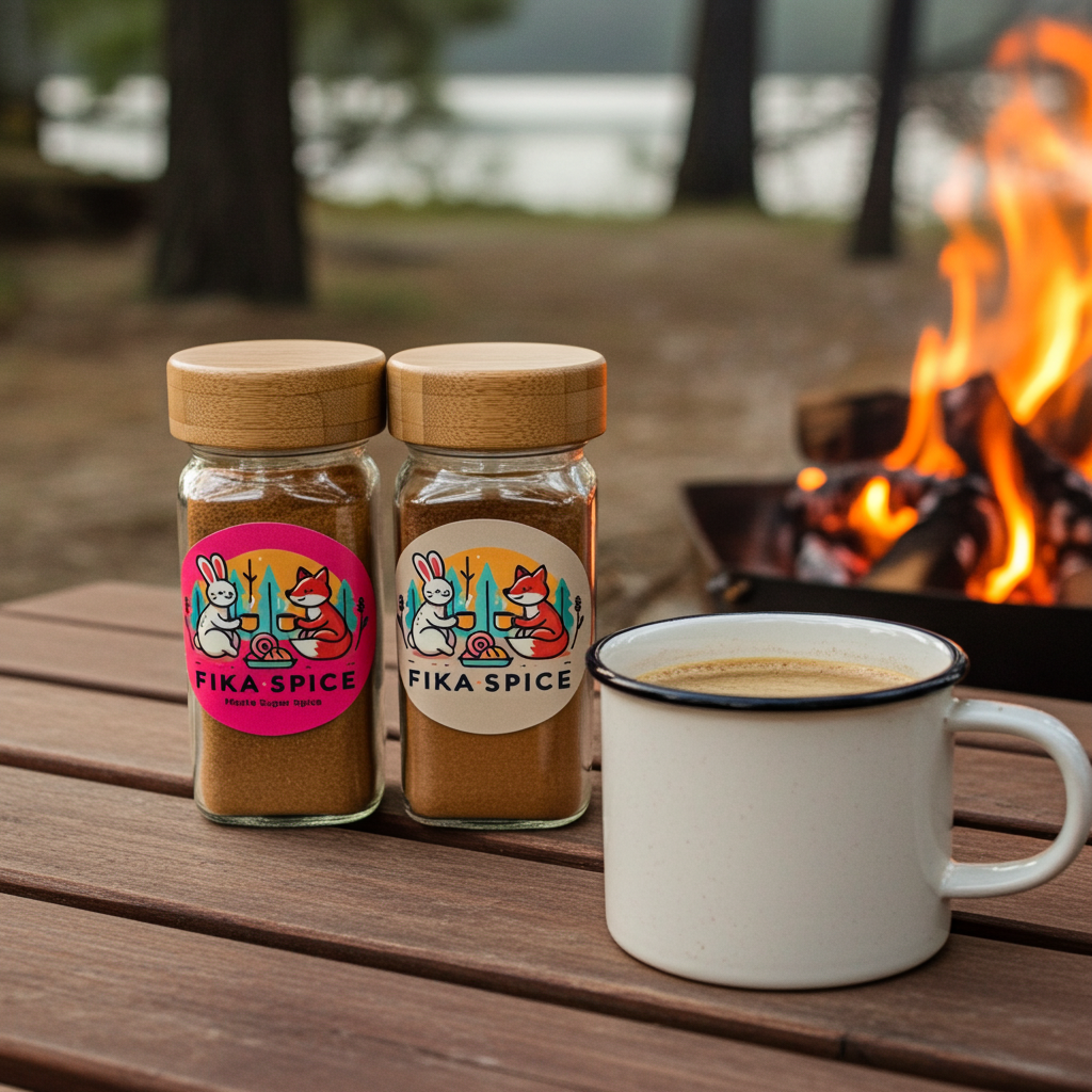 Two jars of Fika Spice and a mug of coffee on a wooden table with a campfire in the background. Fika Spice Scandinavian coffee spice blend with cinnamon and cardamom crated with antioxidant-rich spices for a daily healthy treat.