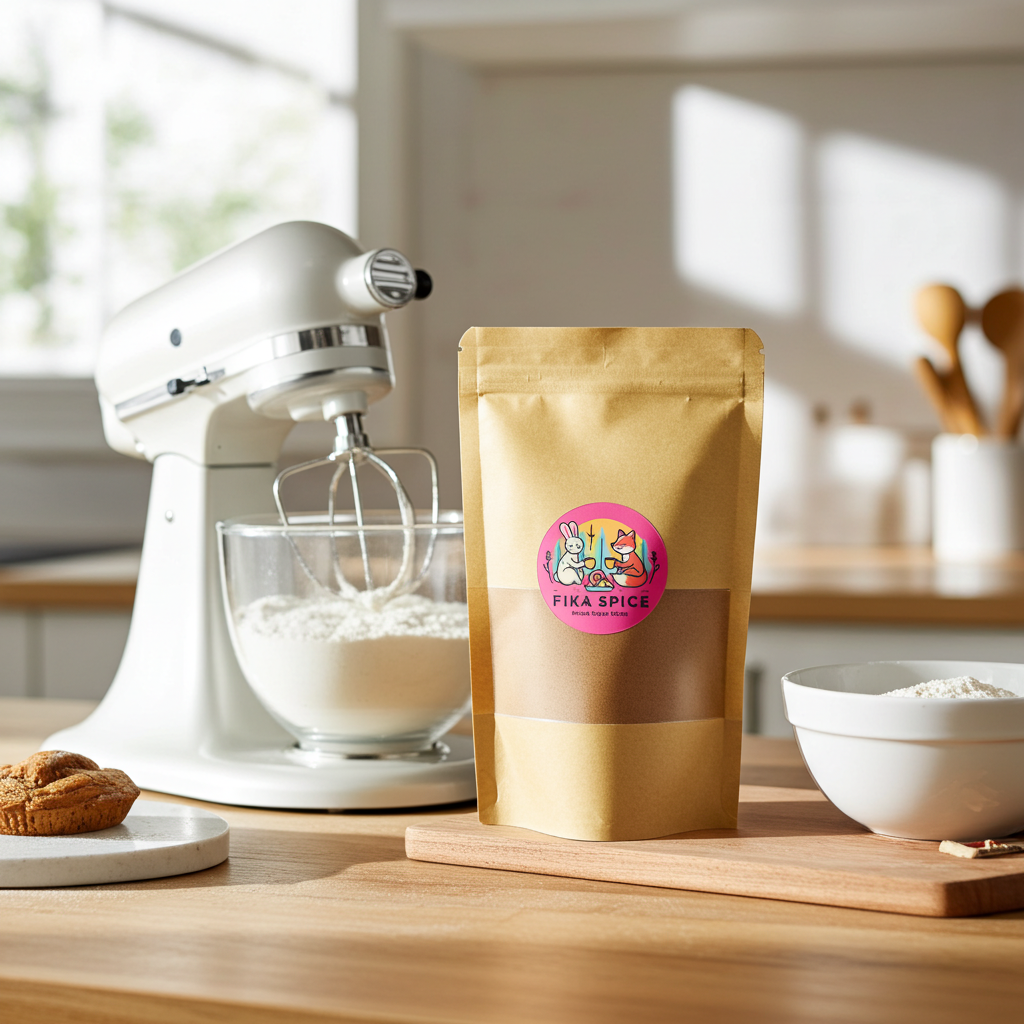 Fika Spice package on a kitchen counter with a mixer and ingredients to bake treats and pastries for a Fika