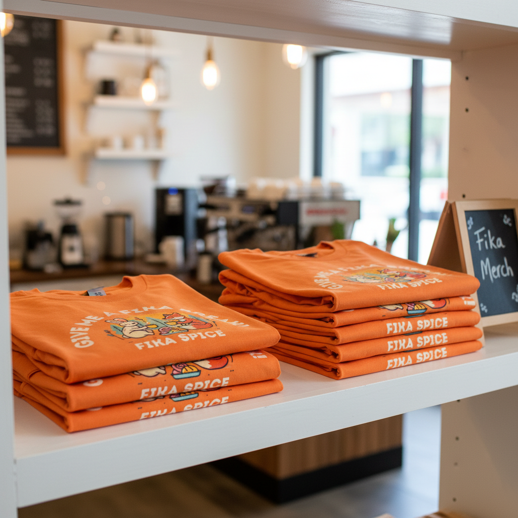Stacks of orange t-shirts with 'Fika Spice' branding on a counter in a store. Fika Spice Scandinavian coffee spice blend with cinnamon and cardamom crated with antioxidant-rich spices for a daily healthy treat.