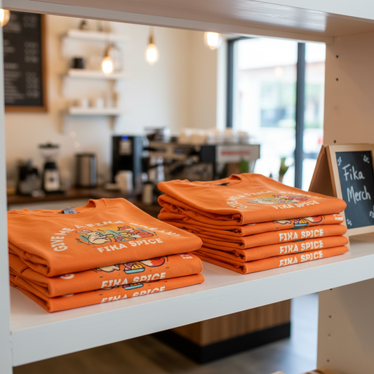 Stacks of orange t-shirts with 'Fika Spice' branding on a counter in a store. Fika Spice Scandinavian coffee spice blend with cinnamon and cardamom crated with antioxidant-rich spices for a daily healthy treat.