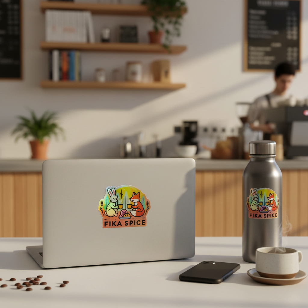 Laptop with 'FIKA SPICE' sticker on a kitchen counter with coffee and a water bottle. Fika Spice Scandinavian coffee spice blend with cinnamon and cardamom crated with antioxidant-rich spices for a daily healthy treat.