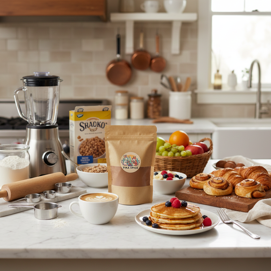 Kitchen counter with breakfast items including pancakes, coffee, and baking supplies. Fika Spice Scandinavian coffee spice blend with cinnamon and cardamom crated with antioxidant-rich spices for a daily healthy treat.