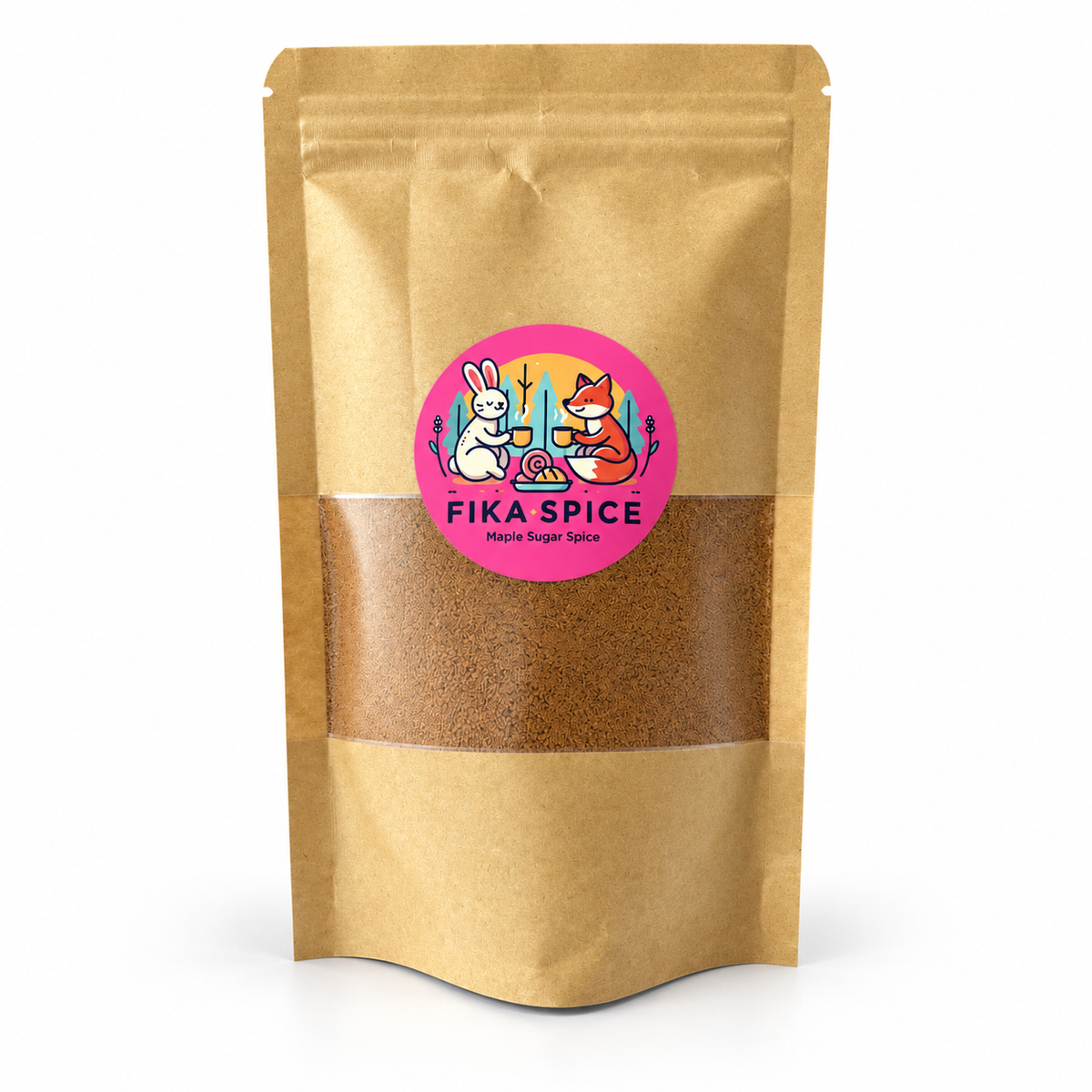 A stand-up kraft paper pouch of Fika Spice with a clear window showing brown spice powder inside. The pouch has a colorful circular cartoon label featuring a rabbit, fox, and cat sitting together, with the text 'FIKA SPICE' and 'Hand-Royaled Spice'.