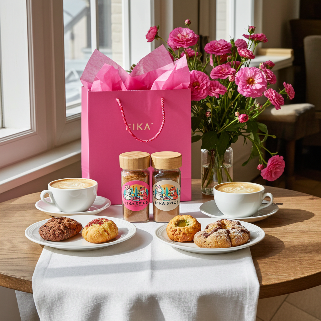 Table setting with Fika coffee, pastries, and flowers in a pink bag. Fika Spice, the spice for coffee, Delicious, Simple, Healthy, Relaxing