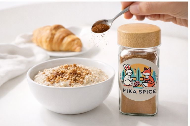 Person adding Fika Spice to a bowl of oatmeal with a croissant in the background.