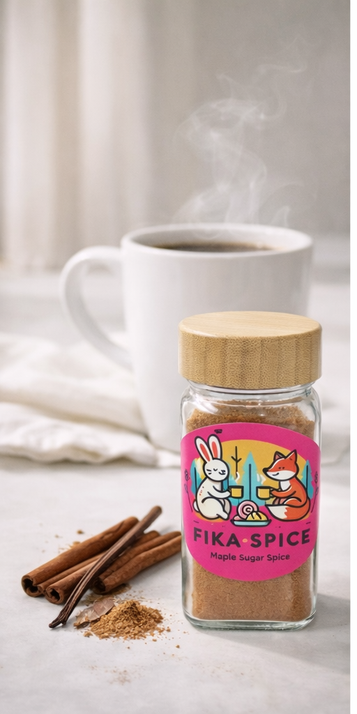 Fika Spice jar with a pink label next to a steaming cup of coffee and cinnamon sticks.