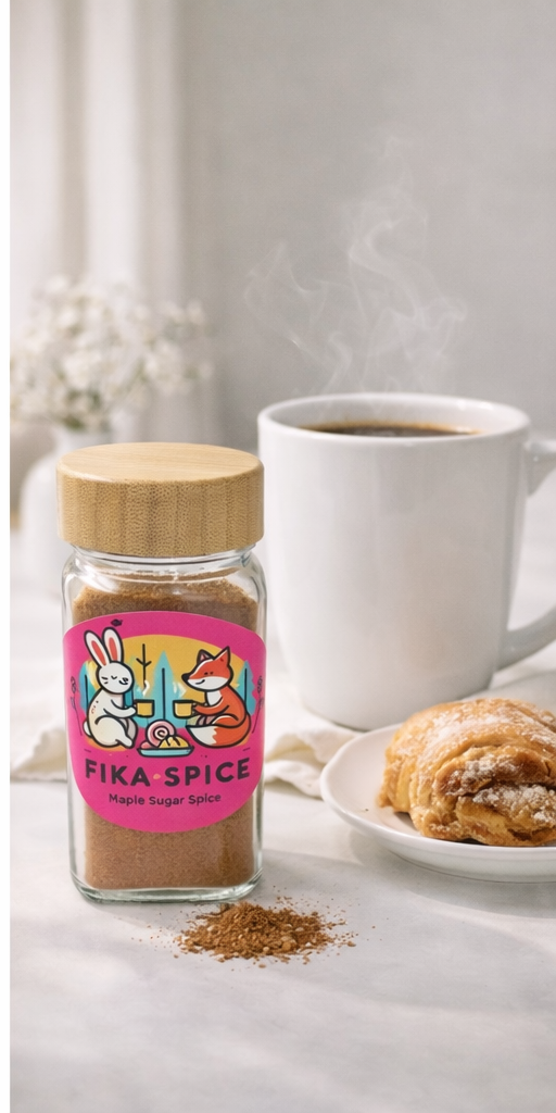 Fika Spice jar with a coffee cup and pastry on a table