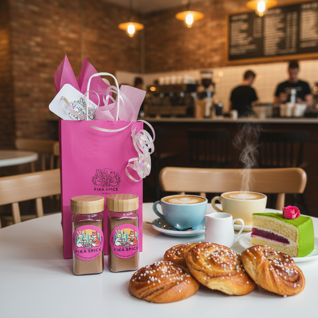 Pink gift bag with Pika Spice products on a table with coffee and pastries in a cafe setting.