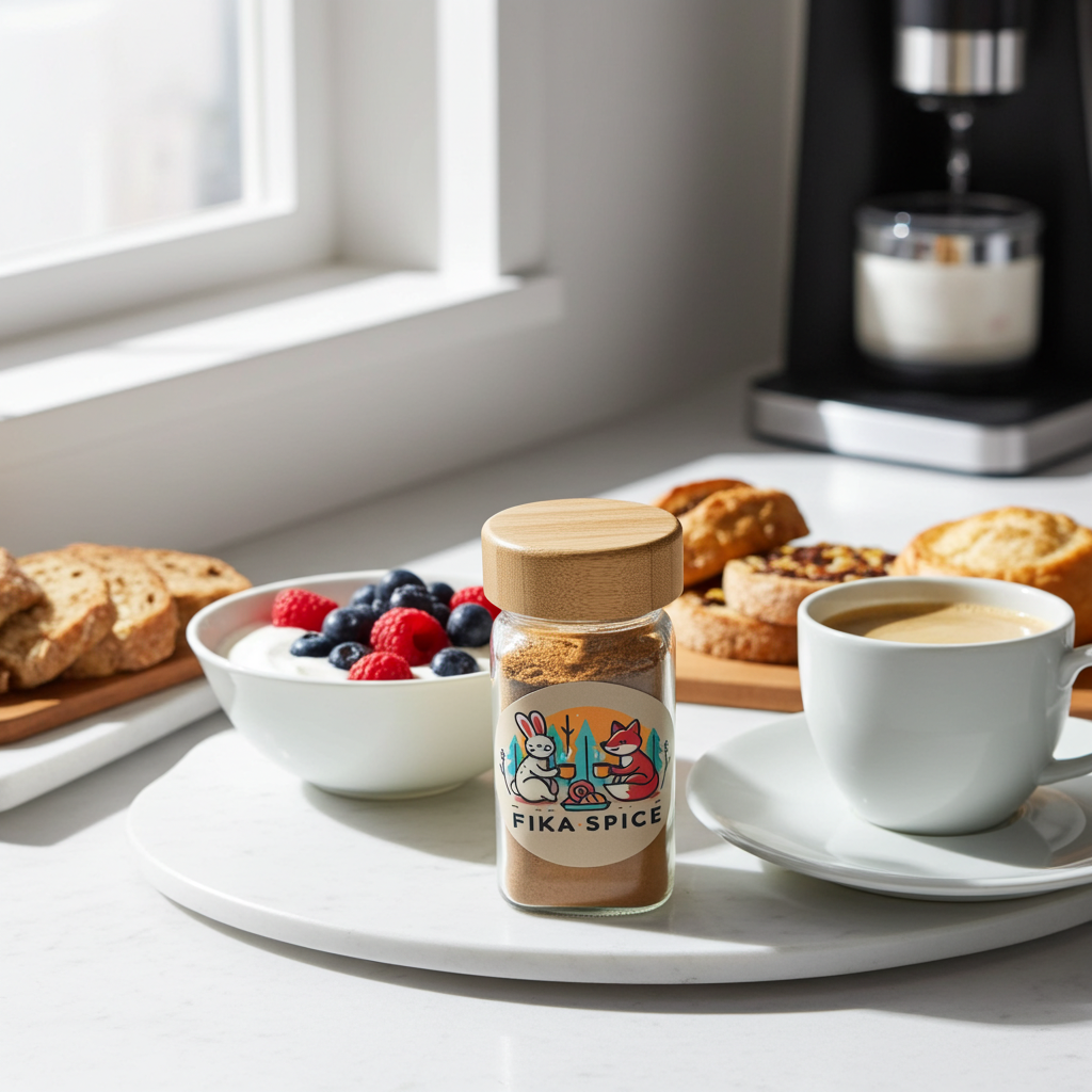 Fika Spice jar on a table with coffee, berries, and pastries. Fika Spice Scandinavian coffee spice blend with cinnamon and cardamom crated with antioxidant-rich spices for a daily healthy treat.