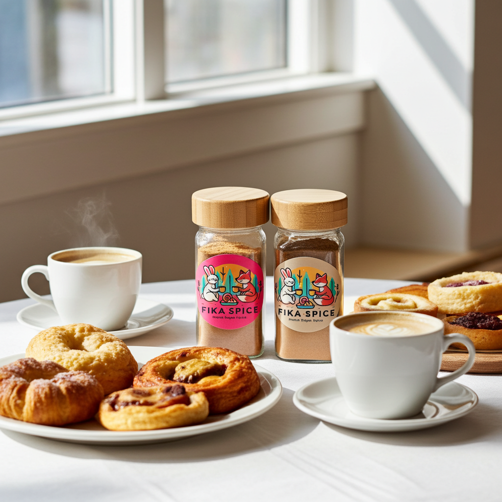 Two bottles of Fika Spice on a table with coffee and pastries.