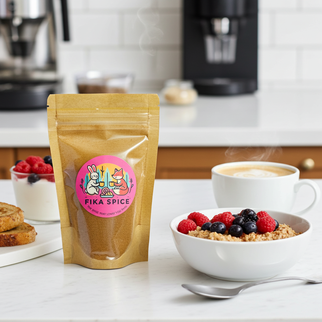 Fika Spice coffee package with a bowl of cereal, berries, and a cup of coffee on a kitchen counter, it’s Fika time. Fika Spice Scandinavian coffee spice blend with cinnamon and cardamom crated with antioxidant-rich spices for a daily healthy treat.