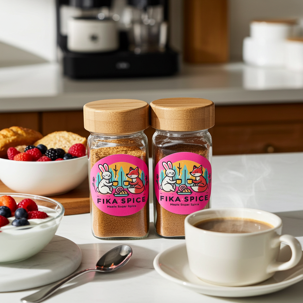 Two jars of Fika Spice on a kitchen counter with coffee and berries. Fika Spice Scandinavian coffee spice blend with cinnamon and cardamom crated with antioxidant-rich spices for a daily healthy treat.